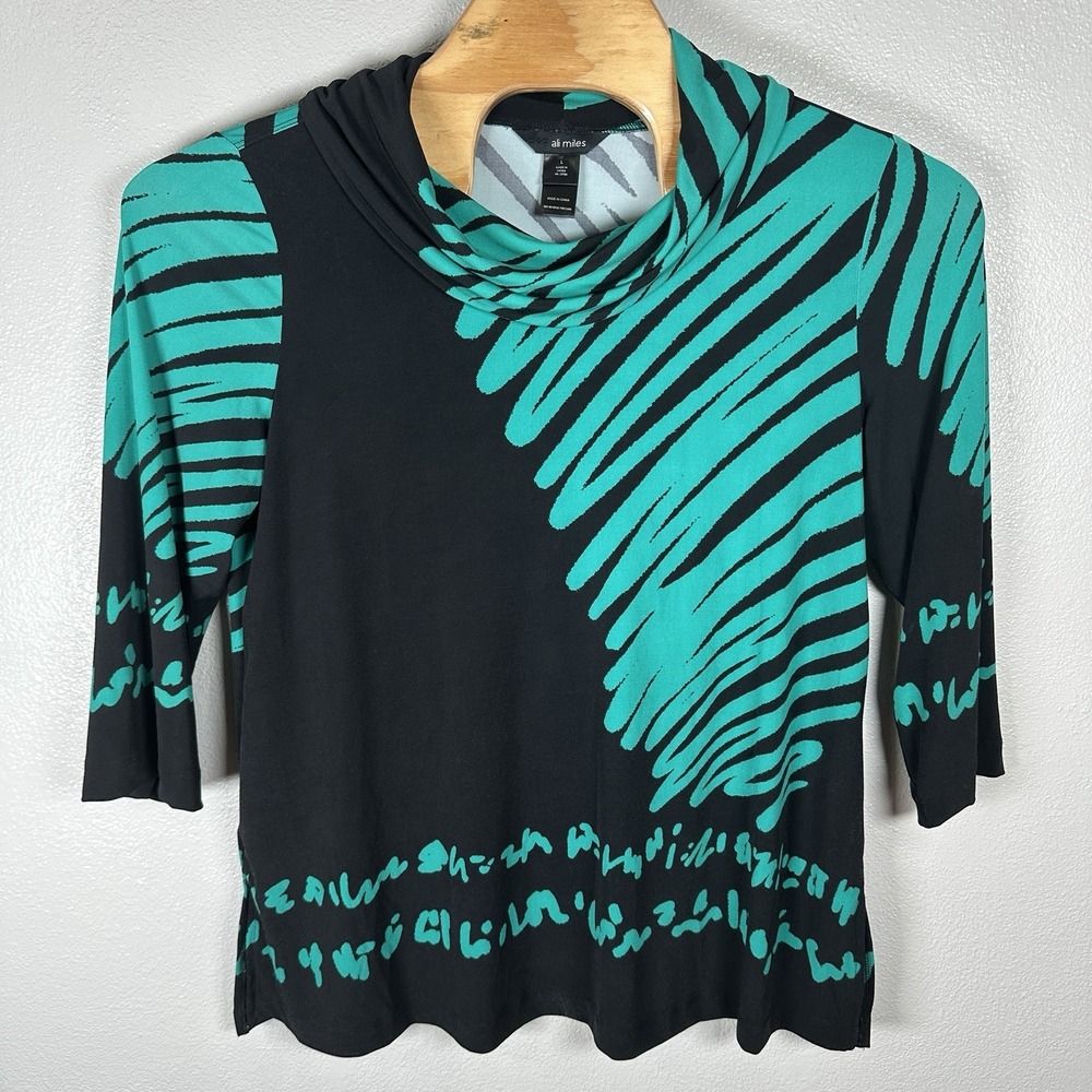 Ali Miles Cowl Neck Polyester Tunic Top Blouse Size Large Green Black 3/4 Sleeve